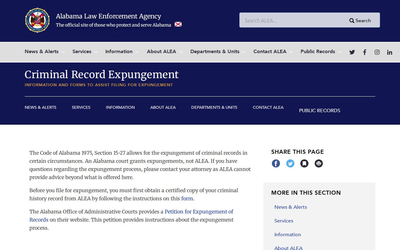 Alabama Law Enforcement Agency criminal record expungement overview