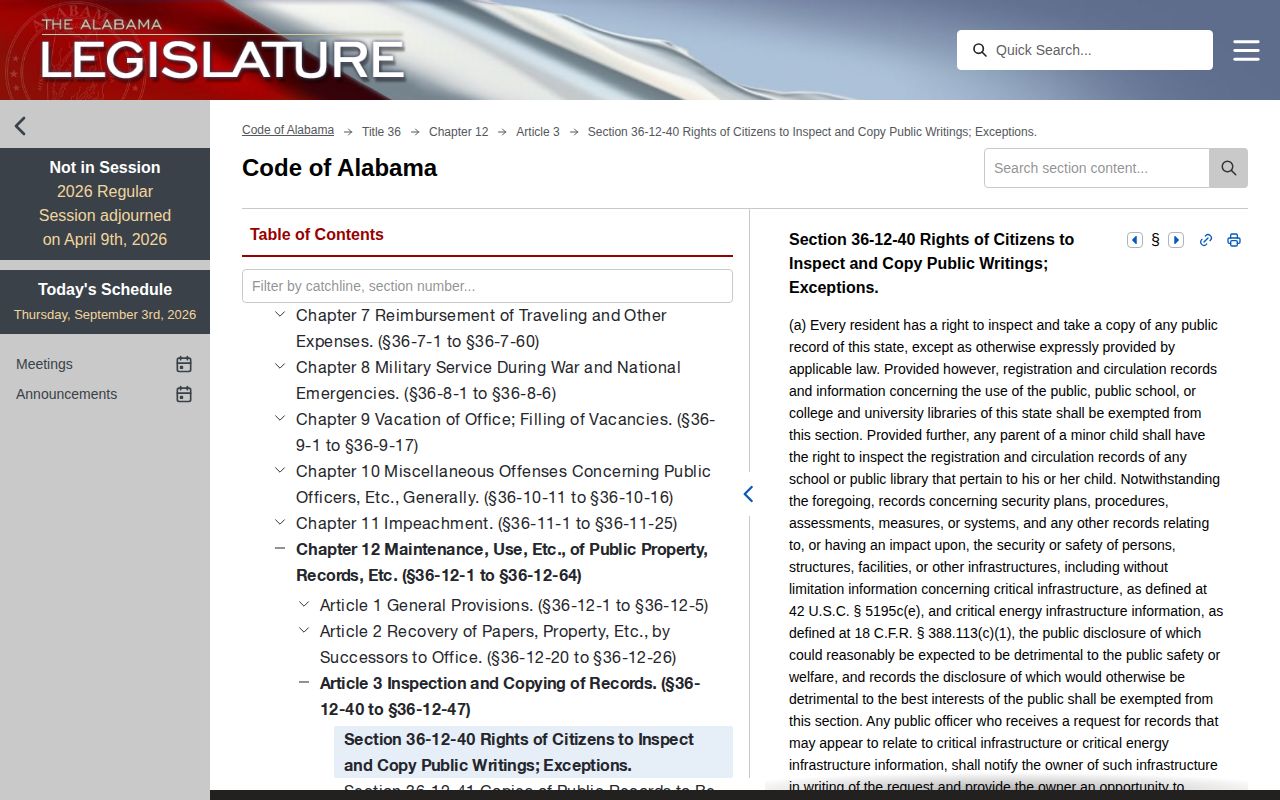 Alabama public records statute section 36-12-40